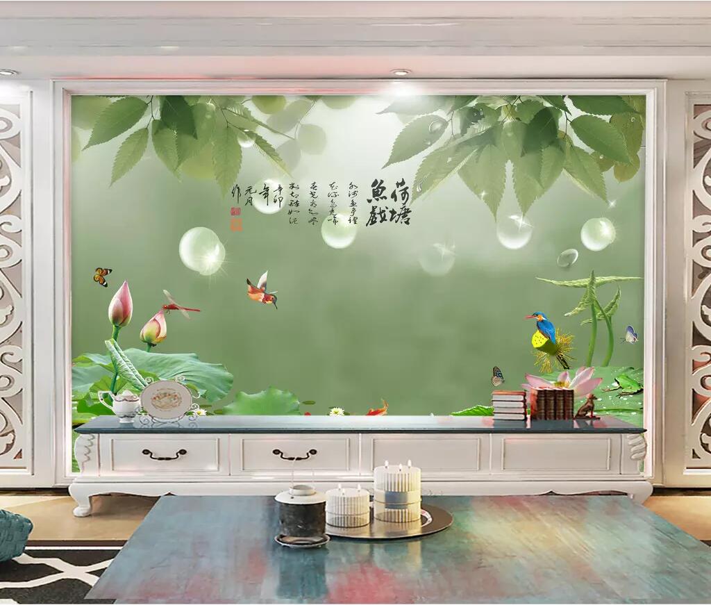 

3d room wallpaper custom photo non-woven mural HD lotus kingfisher squid lotus pond fish fun wallpaper for walls 3 d, Picture shows