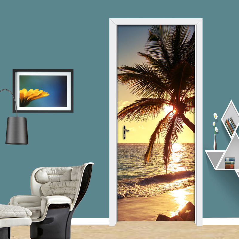 

PVC Self-adhesive Waterproof Door Sticker Mural Wallpaper Beach Coconut Tree Sunrise Scenery Door Decoration Wall Painting Print, Multi