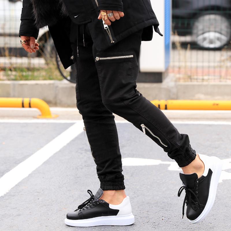 

Black Double Zipper Cargo Pant Streetwear Denim Pants, As pic