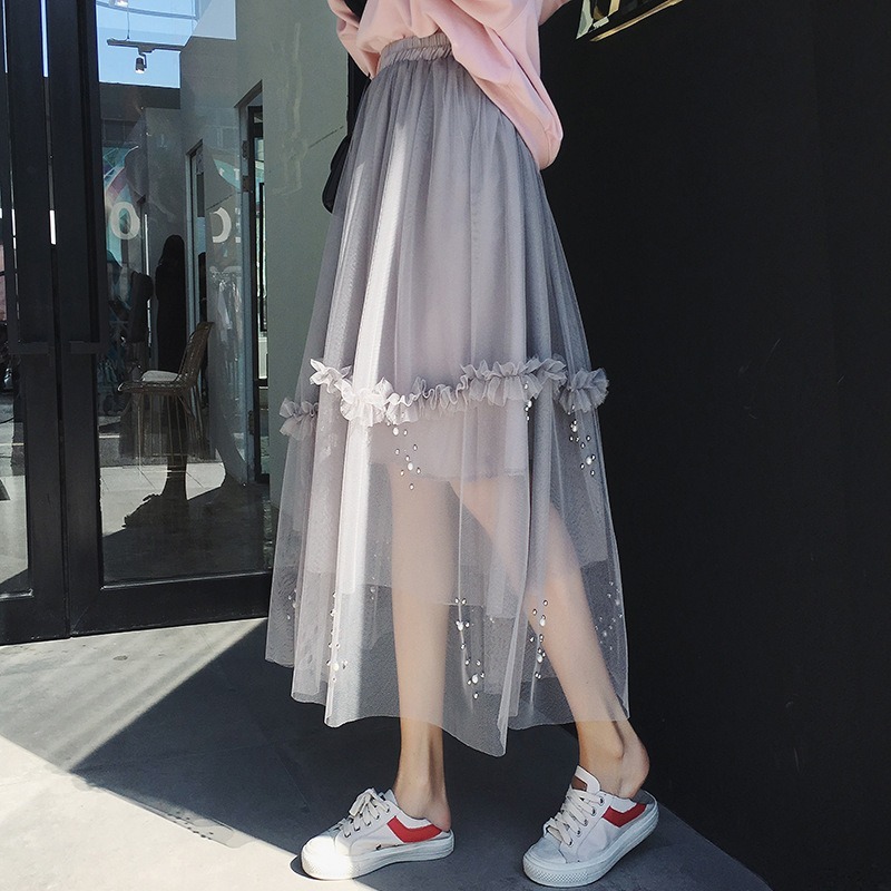 

Women's Pure Cotton High Waist Mesh Skirt Tulle Skirt Women's Transparent Mesh Eyes Long Short SkirtPleated, Black