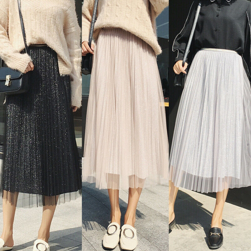 

2020 New summer tulle long skirts Women Solid Colors Streetwear Mesh pleated skirt Layers A line Girls vacation beach skirts, Gray