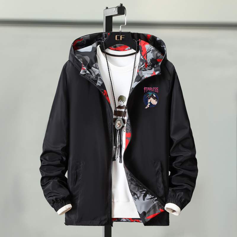 

Wholesale men plus fertilizer XL hooded camouflage double-sided printing plus fat jacket, Gray