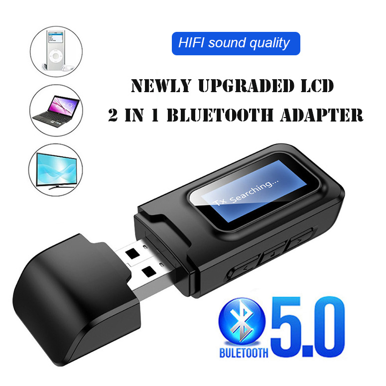 

2 IN 1 USB Wireless Bluetooth 5.0 Audio Receiver Transmitter Adapter with LCD Display 3.5mm AUX for TV/PC/Car