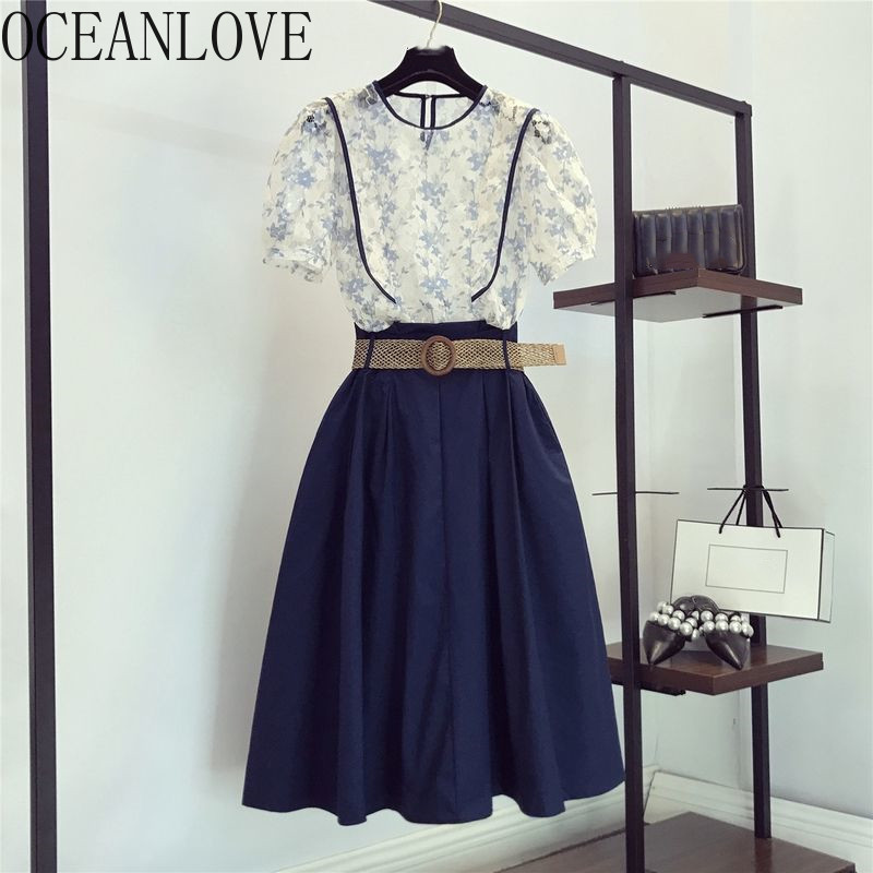 

OCEANLOVE 2020 Summer Two Piece Set Floral Chiffon Blouses + Solid Long Skirts Elegant Korean 2 Piece Set Women Fashion 16278, Blue