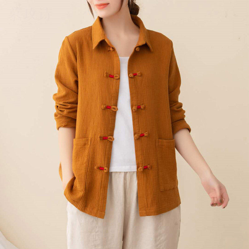 

Ethnic Style Cotton and Linen Shirts Women's Spring and Autumn Clothing Retro Long-sleeved Jacket Stand Collar Casual Tops K746, Brown