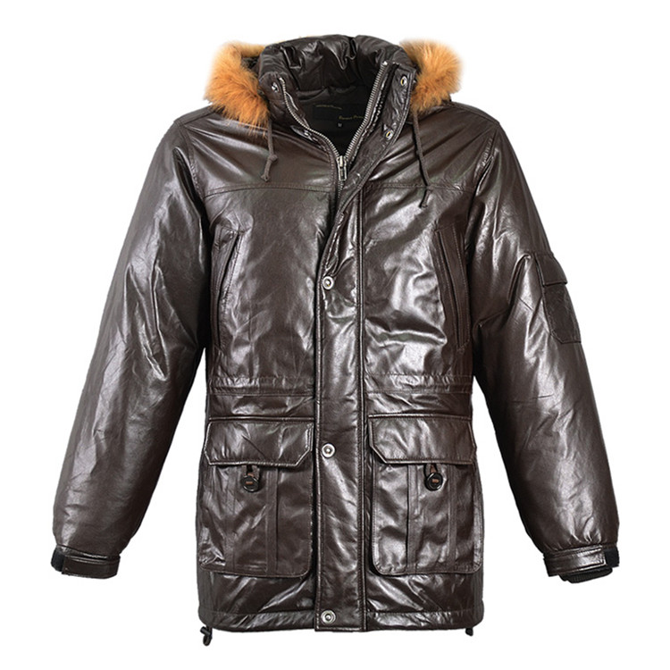 

2019 hooded genuine leather coat men Russia winter leather down jacket men hat removable natural sheepskin long coat male, Brown