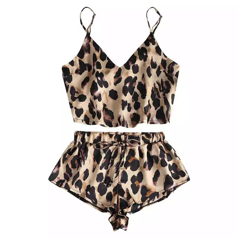 Pijama De Seda Satinada Ropa Interior Con Estampado De Leopa Pijama De Seda Satinada Ropa Interior Con Estampado De Leopa