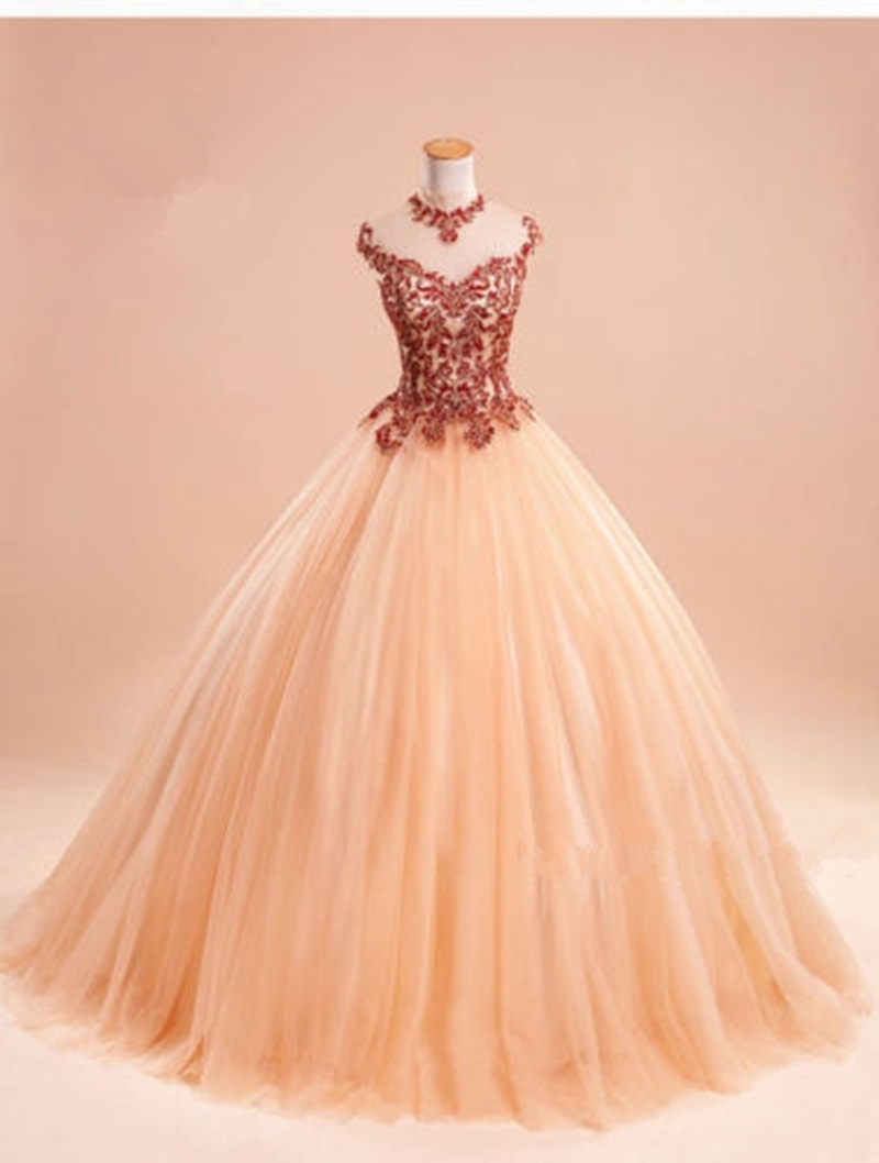 

2019 High Neck Appliques Backless Ball Gown Quinceanera Dresses Plus Size Sweet 16 Dresses Debutante 15 Year Formal Party Dress BQ140, Champagne
