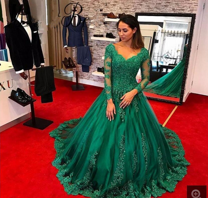

2019 green Arabic Modest Green Ball Gown Evening Dresses V-Neck Sheer Long Sleeves Robe De Soiree Formal Prom Dress vestido de fiesta, Burgundy