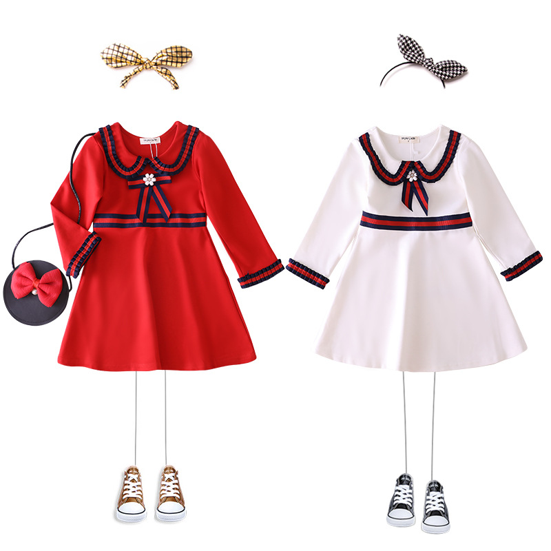 

Retail baby girl dresses High lapel bows beaded patchwork princess dresses for kids designer clothes girls Dress children boutique clothing, White