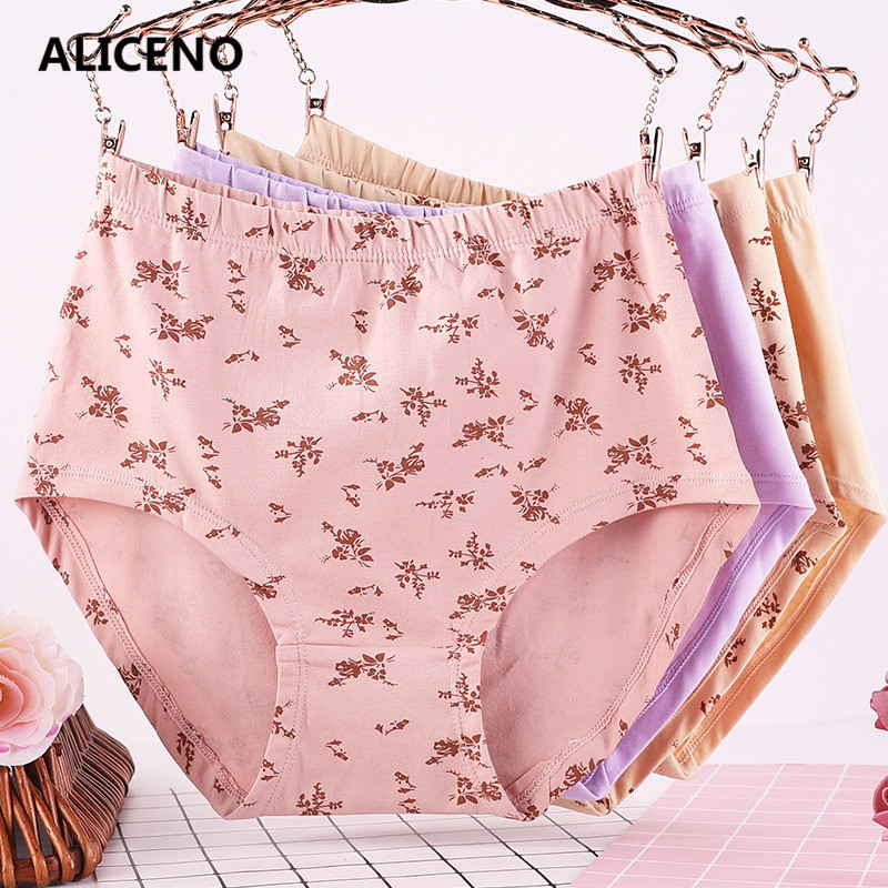 

3pcs/Lot Womens Big Size -6XL Flower Print Breathable Briefs Panties cotton crotch high waist underwear 3361, Pink x 3