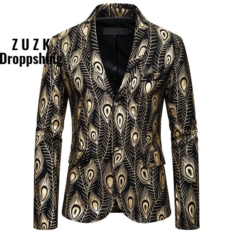 

Men's Suits & Blazers ZUZK Gold Peacock Print Party Suit Jacket Men Single Breasted Slim Fit Blazer Mens Club Prom Stage Clothes