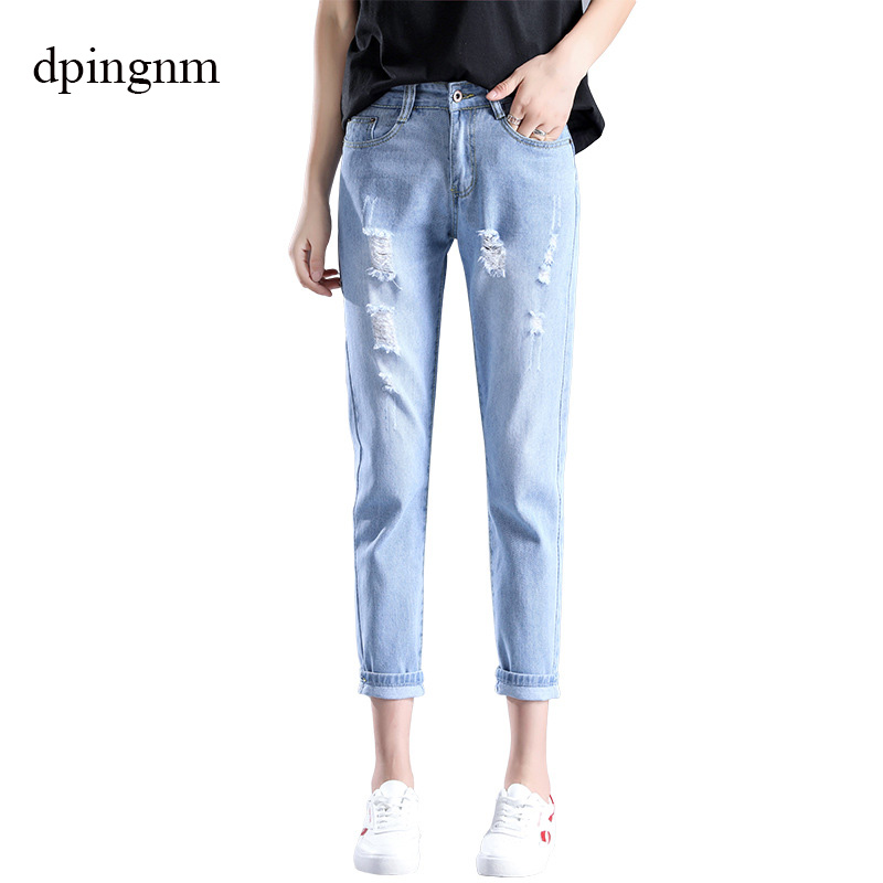 

Fashion Large size women' denim nine pants 2019 spring and summer high waist hole 3XL Blue women' elastic feet pants 115#