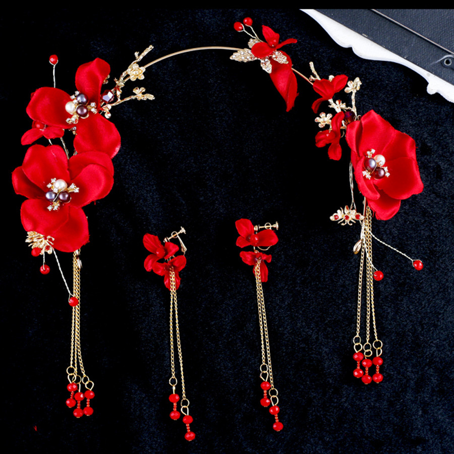 

Bride Toast Serve Jin Hongshai Cotton-like Lustring Flower An Crown Headwear Tassels A String Of Beads Earrings Hair Hoop Wedding Dress Gift