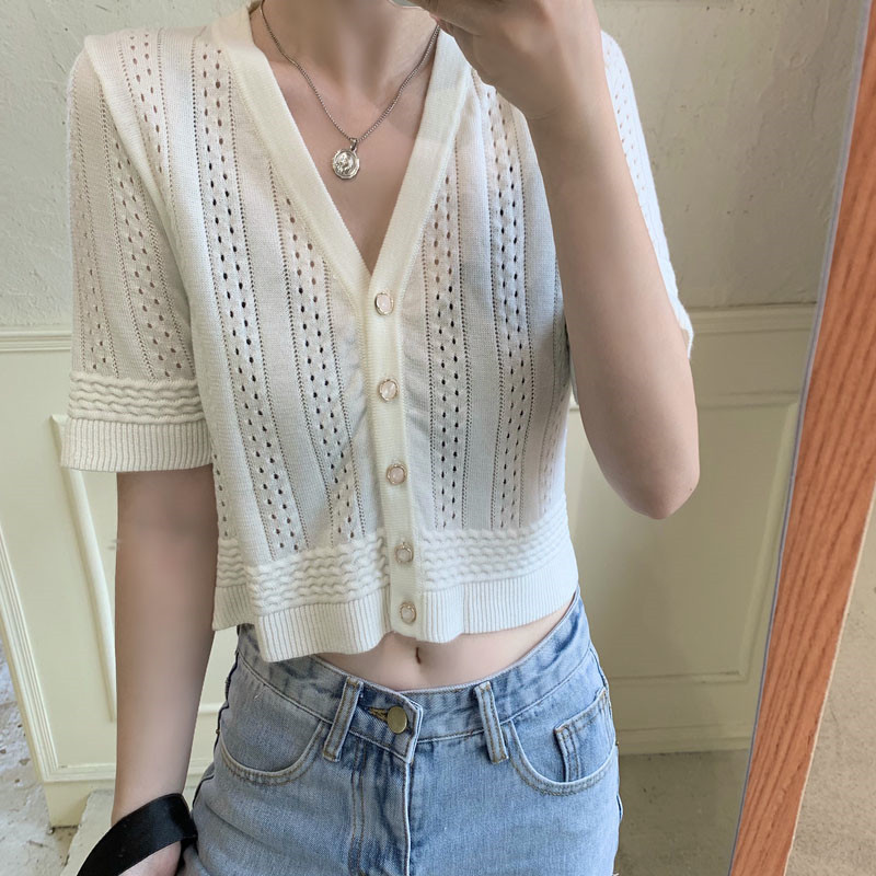 

Hzirip Summer New Versatile Casual Retro V-Neck Blouse Short-Sleeved Solid Color Lace Hollow Ladies 2020 Slim Korean Sweater, Purple