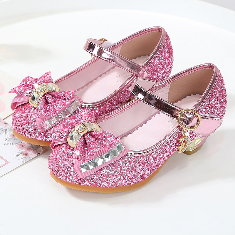 

Girls Glitter Shoes Children Princess Dress Shoes For Evening Party Wedding High Heels Kids Leather Bow-knot Pendant 24-36, Blue