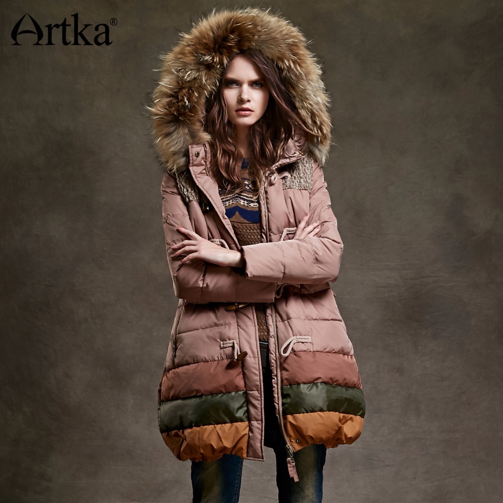 

ARTKA Women Duck Down Jacket Winter Long Parka Female Warm Outerwear Hooded Windbreaker Detachable Fur Collar Raincoat YK12348D, Patchwork