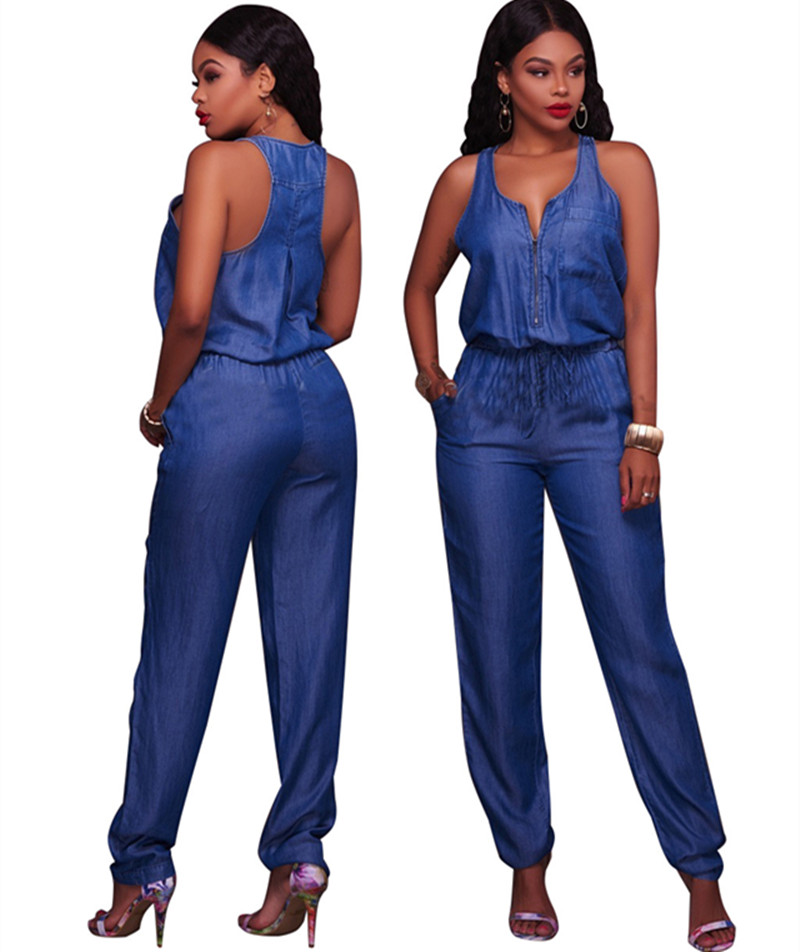 

Vintage Jeans Jumpsuit Sleeveless Zipper Up Tank Denim Jumpsuits Rompres Women Bodysuit One Piece Pants Overalls Casual Clothing, Blue