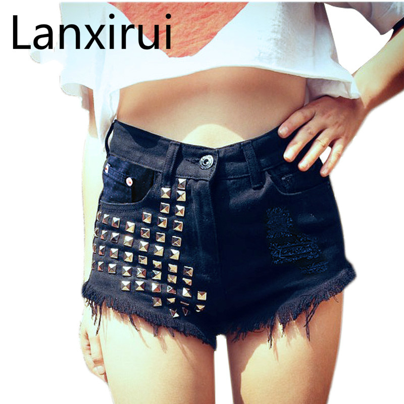 

Women 'S Brand Vintage Tassel Rivet Ripped High Waisted Short Jeans Punk Sexy Black White Denim Short Feminino