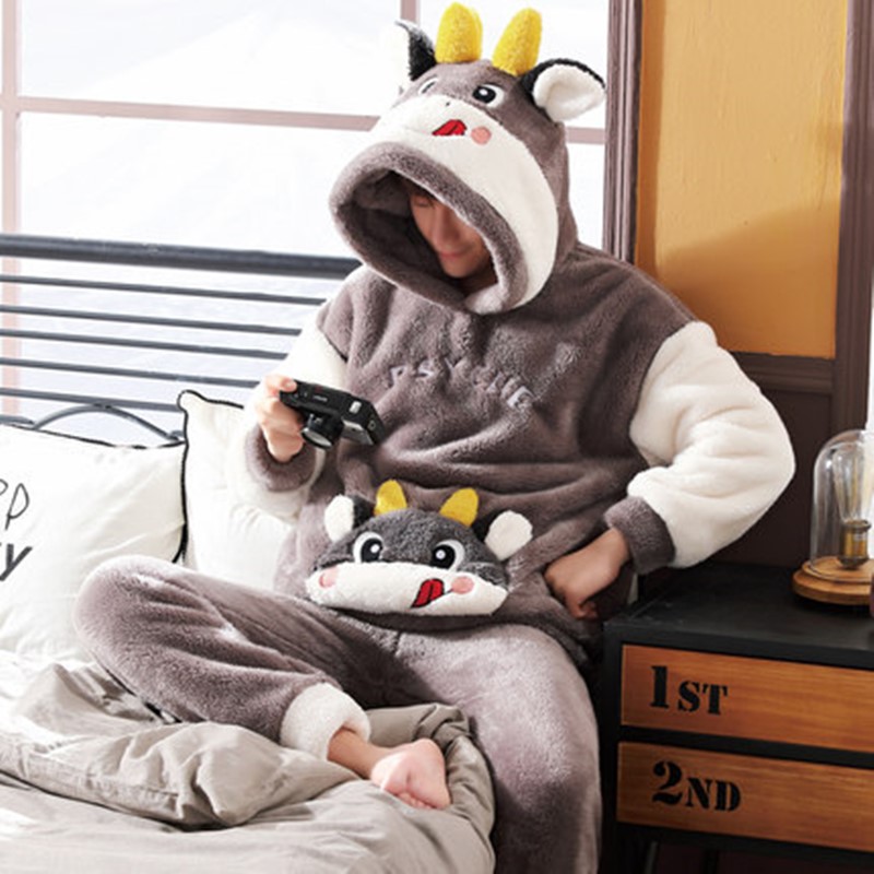 

Autumn and winter coral Plush thickened and plush men's pajamas flannel cartoon home clothes men's winter suit