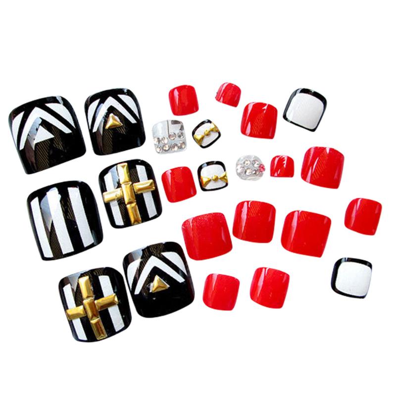 

24 pc/set Summer Beauty Chic Toe Nails For Foot Nail High Quality with Rhinestone Foot False Nail Fashion Art, Black