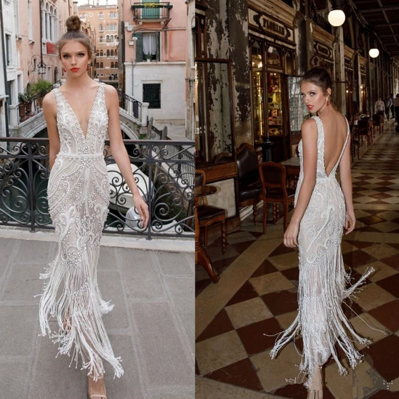 

Berta 2020 New Beach Wedding Dresses Beads Lace Appliqued Backless Plunging Neckline Vintage Bridal Gowns Ankle Length Wedding Dress 90, Nude