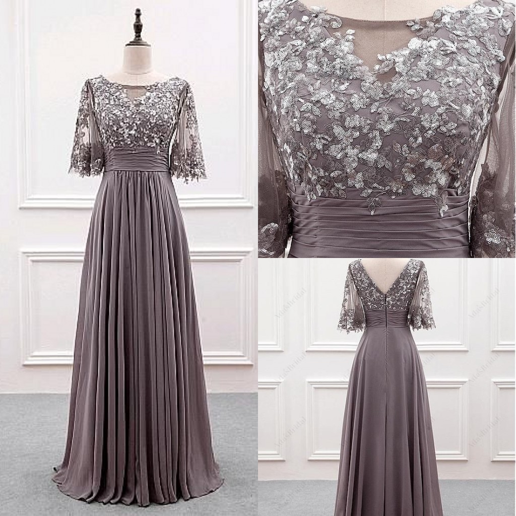 

2020 Sliver Sequins Lace Mother Of The Bride Groom Dresses Short Sleeve Pleats Draped Chiffon Evening Dress Formal Wedding Bridal Party Gown