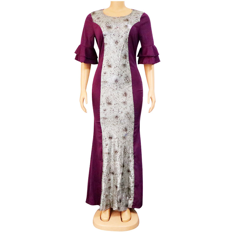 

Purple Print Sequins O Neck African Slim Dresses Sexy Fashion Half Flare Sleeve Zipper Women Maxi Dresses