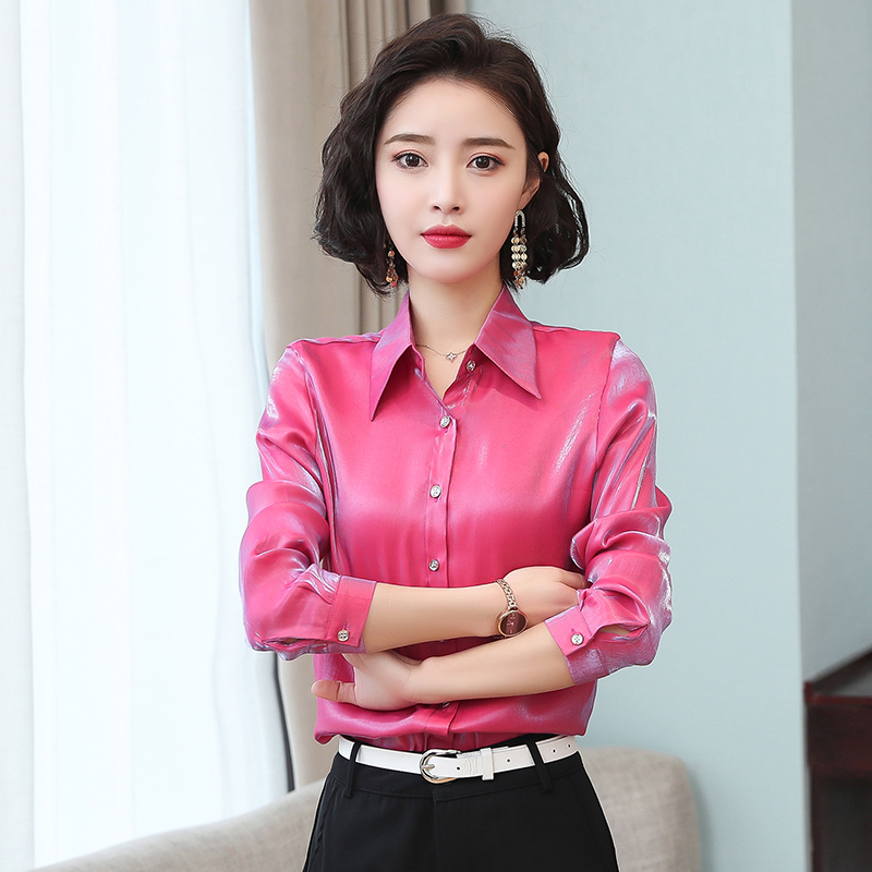 

Hot Sale Silk Satin Women's Shirts Runway Designer Long Sleeve Lapel Neck Ladies Blouse Casual Plus Size Office Button Shirts Formal Tops, White