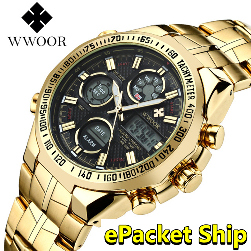 

Relogio Masculino WWOOR Watch Men 2019 Top LED Big Dial Men's Gold Wrist Watches Waterproof golden Watch For Men, Full gold add tool