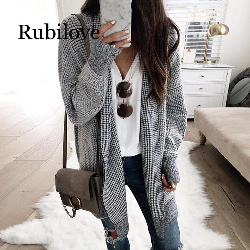 

Rubilove Casual Plus Size Elegant Black Autumn Elegant Boho Long Sweater Women Loose Plaid Vintage Cardigan Female Clothes Tops