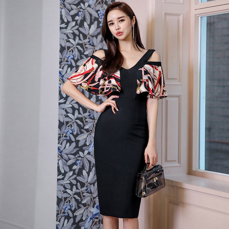 

Womens Printing Office Summer Sexy Dew shoulder V Neck Dress 2020 Work Wear Dresses Bodycon Pencil Business Vestidos, Picture color