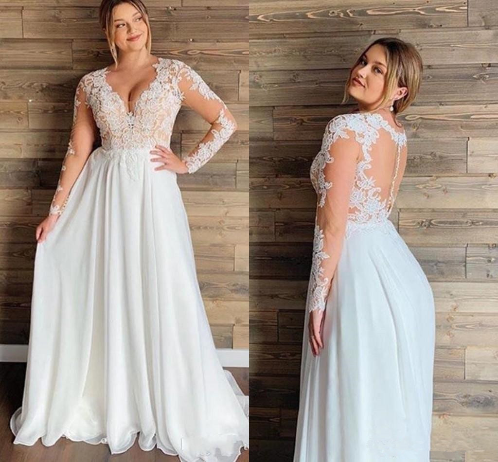

Long Sleeves Plus Size Wedding Dresses Lace Applique V Neck Sexy Buttons Back Wedding Gowns Chiffon A Line Bride Dress, Ivory