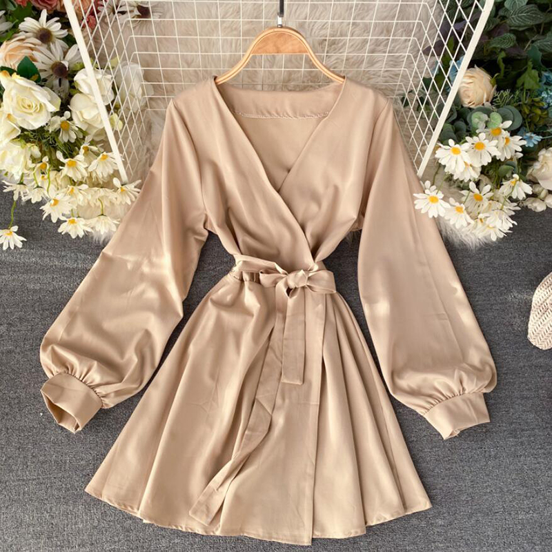 

Women Party Dress 2020 Spring Sexy V Neck Elegant Long Sleeve Slim Sashes Dresses High waist Vintage Ladies A-line Mini Dress, Khaki