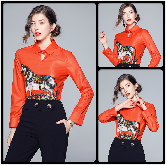

Luxury Design Spring Fall Pony Printed Shirts Runway Women's Long Sleeve Lapel Neck Blouses Office Lady Business Elegant Slim Shirt Tops, Customize