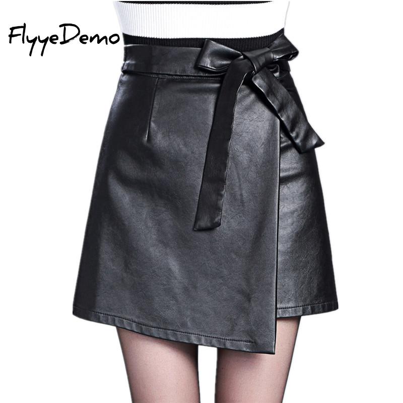 

Autumn Lace Up Bow Faux Leather Skirt Winter 2020 High Waist Belt Irregular Skirts Womens Black Pu Short Mini Skirt