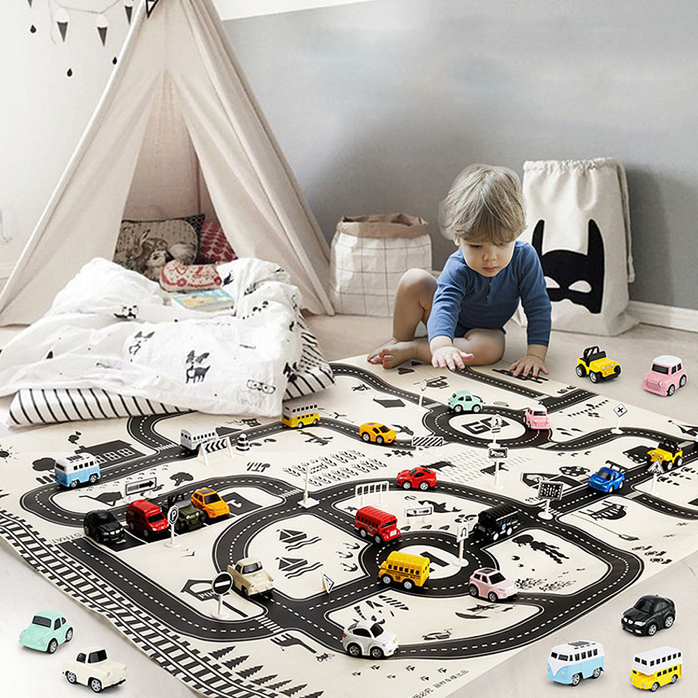 

130*100CM Kids Portable Car City Scene Taffic Highway Map Play Mat Educational Toys For Children Games Road Carpet, Multicolor