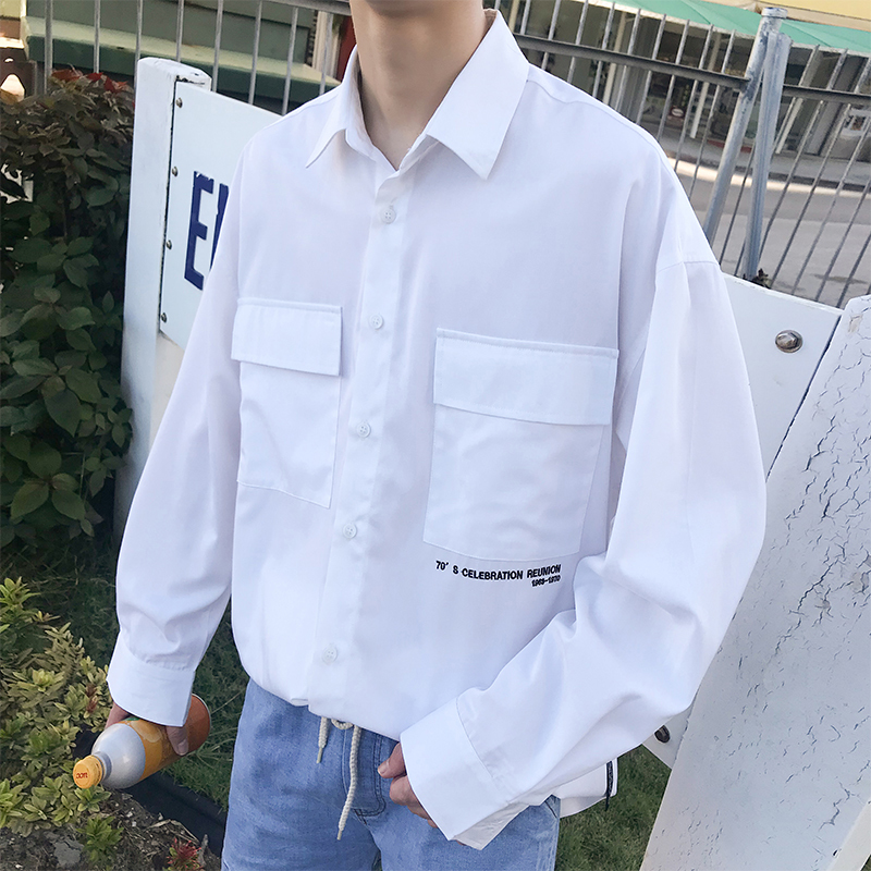 

2019 Spring And Summer Models Korean Version Of The Trend Couple Harajuku Long-sleeved Casual Hawaiian Shirt Streetwear New, Black