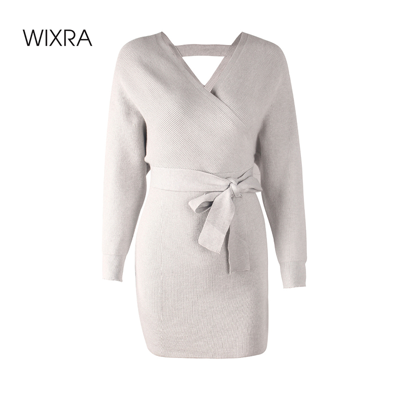 

Wixra Women's Knitted Dress Elegant V-Neck Leopard Print High Street Long Sleeve Short Dresses With Sashes Autumn Winter, 18342black