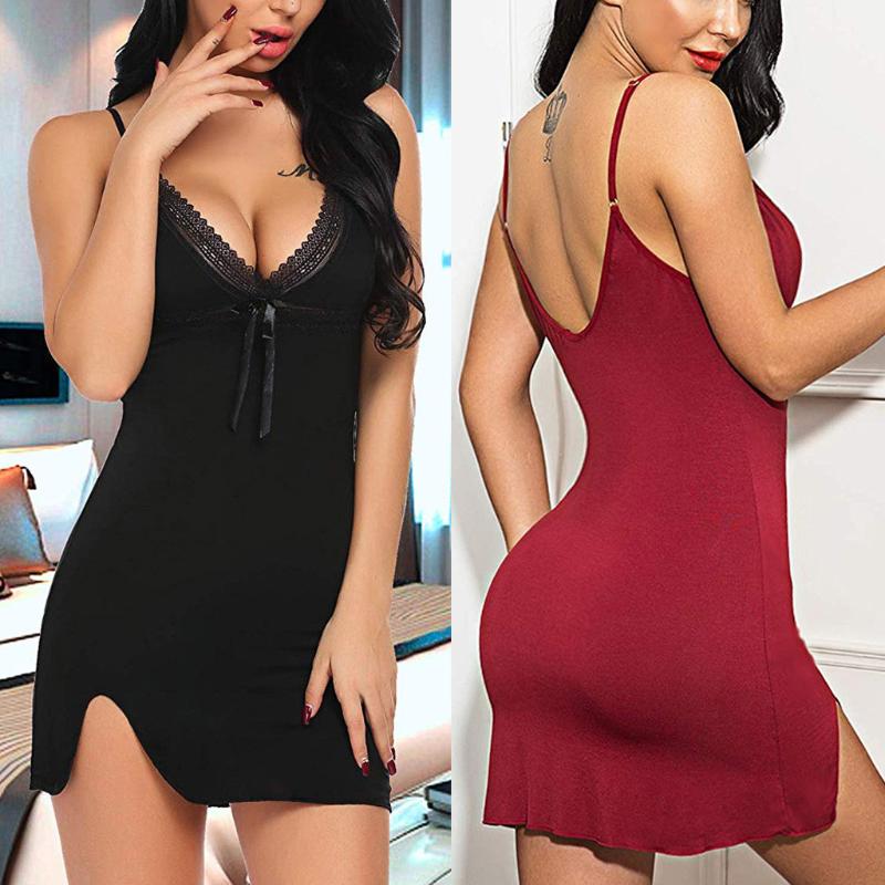 

New Sexy Women lingerie Sleepwear Night Dress Women' Slips Strap Nightgown V-Neck Chemise Lace Underwear Nightdress Pijamas #25, Black