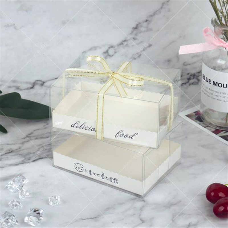 

11x8x5cm PVC Transparent Cake Box Pudding Jelly Packaging Box Ice Cream Mousse Cake With Ribbon Clear Rectangle 50pcs/lot