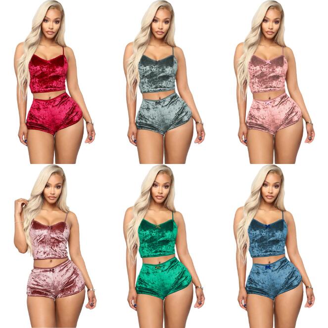 DHL Womens Nightwear New Velvet Two Piece Suits Summer Sexy Pajamas Active Vest & Shorts New Two-Piece Shorts Tracksuits Underwear F020
