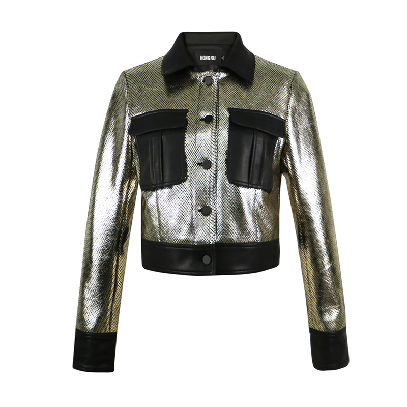 

2020 Spring Faux Gloden Leather Jacket Women Streets Locomotive PU Leather Short Slim-Leather Pockets Biker Coat, Gold
