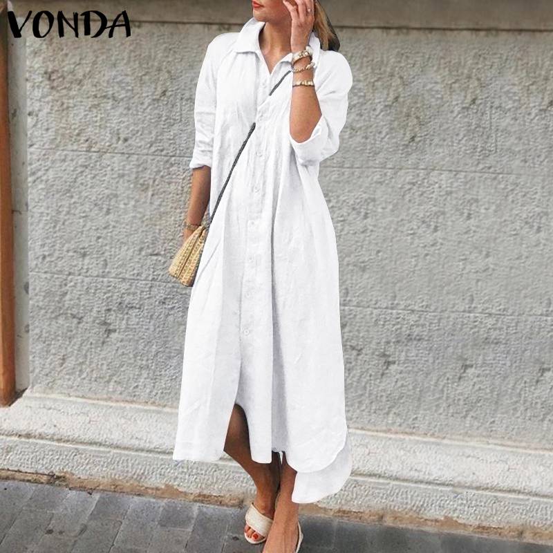 

VONDA 2020 Summer Dress Women Sexy Turn-down Collar Asymmetrical Party Dress Female Casual Loose Vestidos Femininas Plus Size, Black