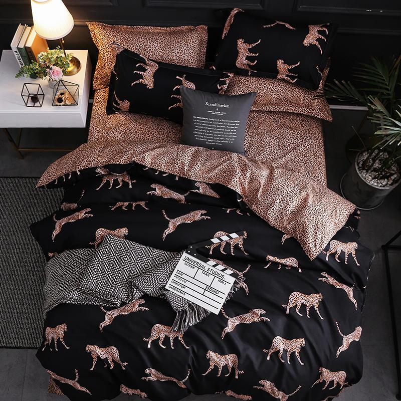 

30 Bedding Set Black Bedclothes Leopard Reactive Printed Bed Cover with Pillowcase 3pcs Single Double Duvet Cover, Type 5