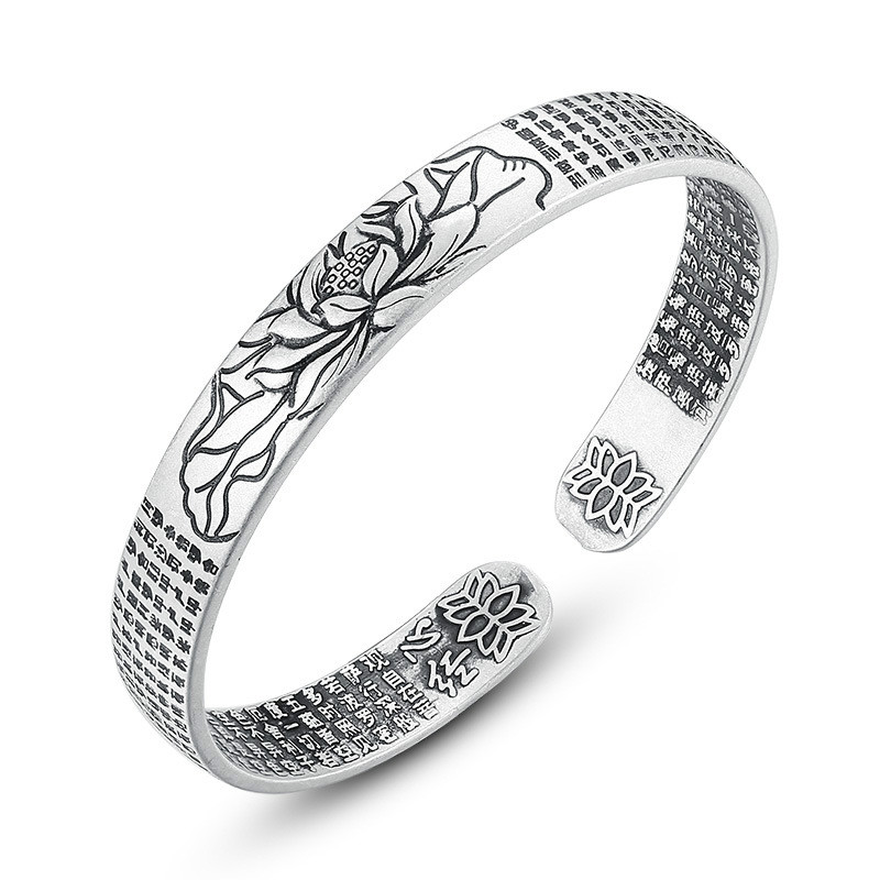 

Vintage Lotus Bracelet Ethnic Bangles Lotus Heart Sutra Bracelets & Bangles Ancient Silver Color Bracelets For Women Jewelry