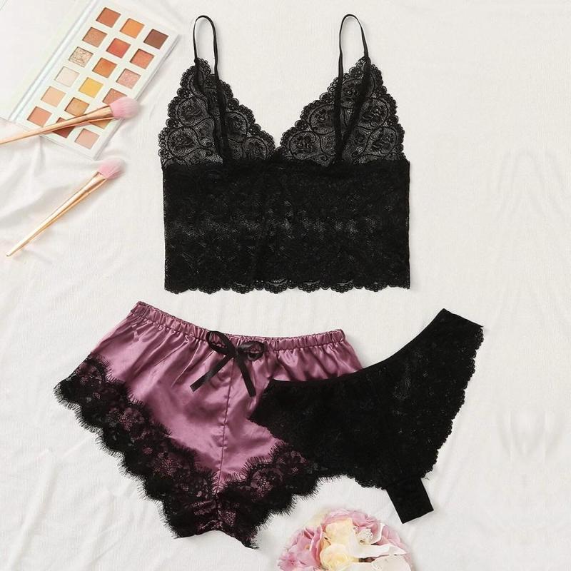 

Sexy Lingerie Women's Pajamas Lace Cami Top with Shorts with Panties 3 Piece Set Sexy Women Lingerie Pajama Set Sleepwear W3, Purple