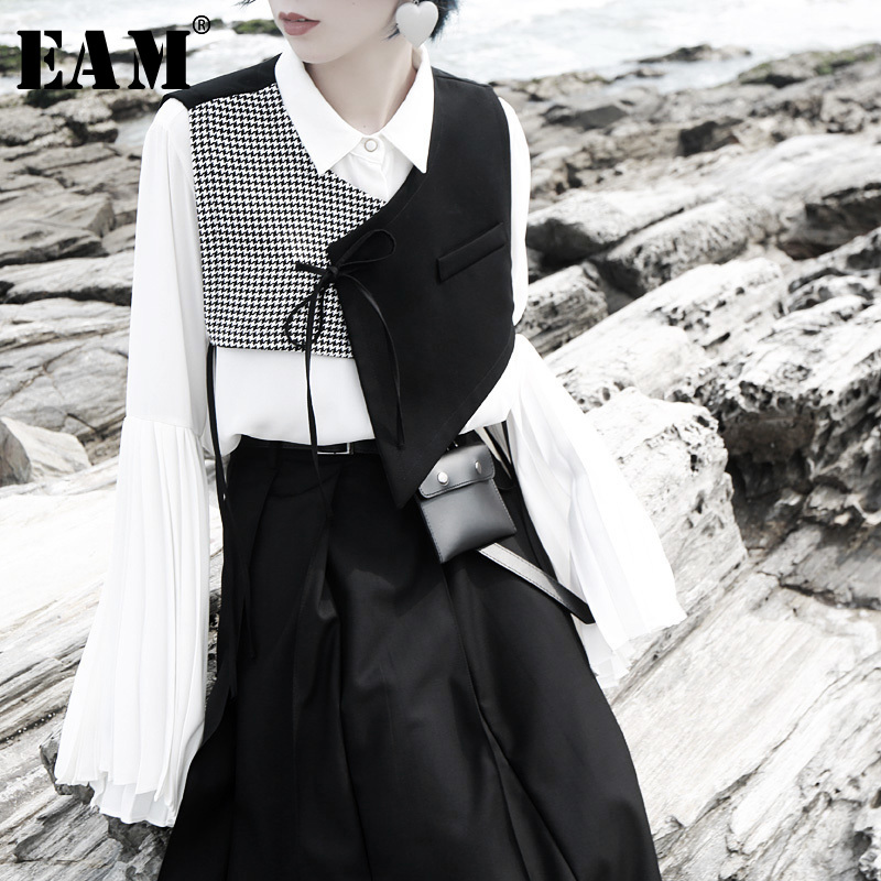 

EAM] Women Black Plaid Split Asymmetrical Loose Fit Vest New V-collar Sleeveless Fashion Tide Spring Autumn 2019 1H073