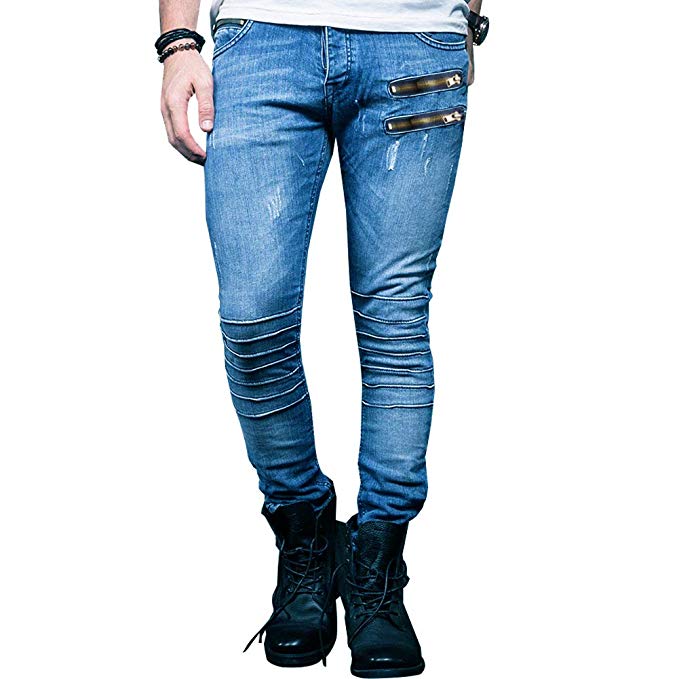 

Men's Jeans Mens Fashion Retro Blue Skinny Distressed Slim Fit Zipper Motorcycle Biker Stretch Denim Pants