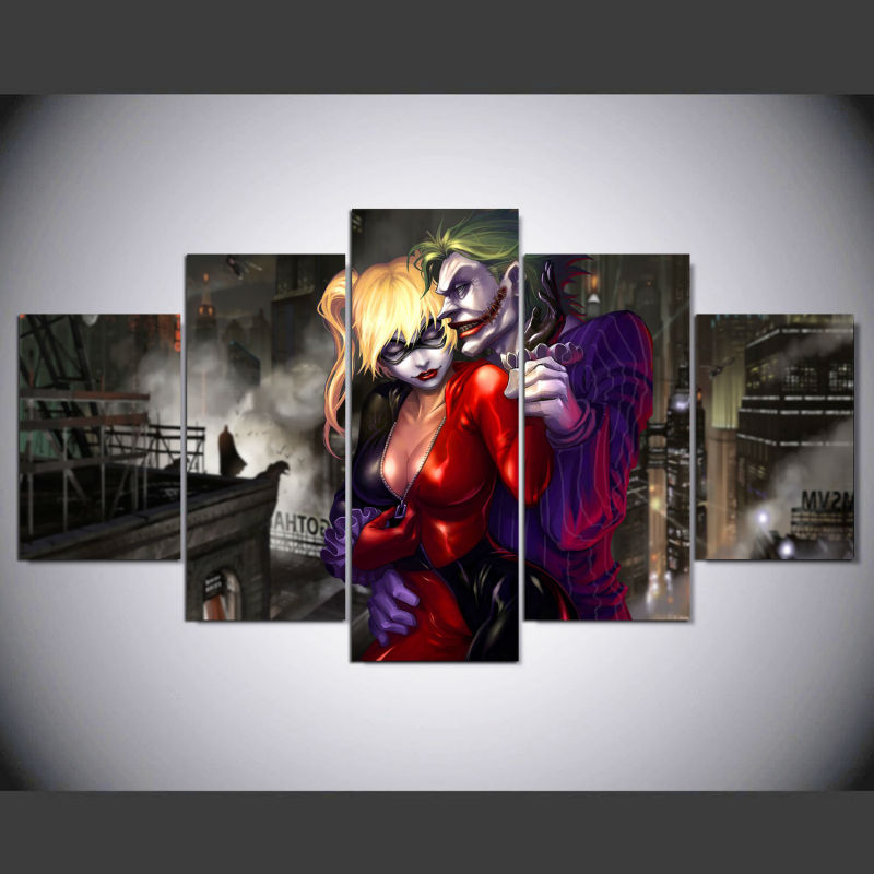 

5 Panel Suicide Squad Joker With Harley Quinn Home Decoracion Canvas Art Wall Picture Home Decor For Living Room Prints No Frame